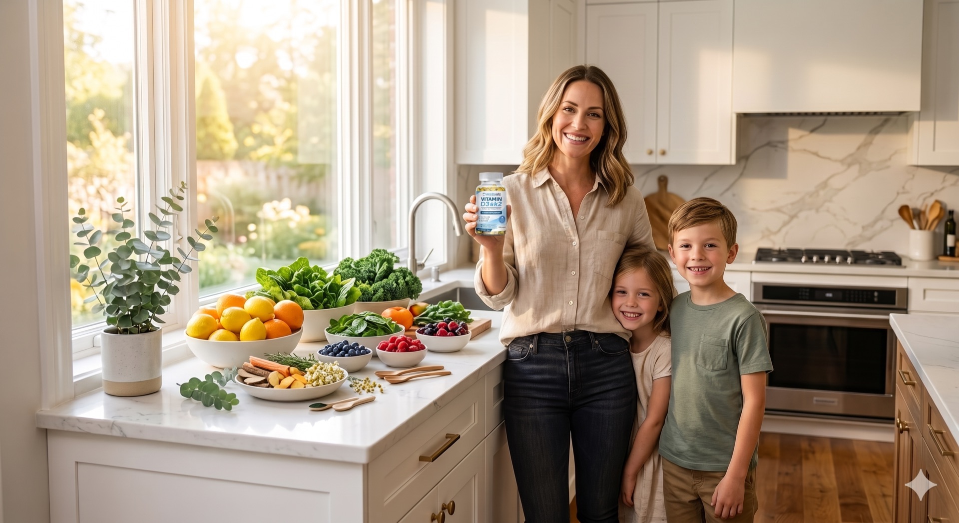 A smiling mother with her two children in a bright kitchen, holding a bottle of MavenWiz Vitamin D3 & K2