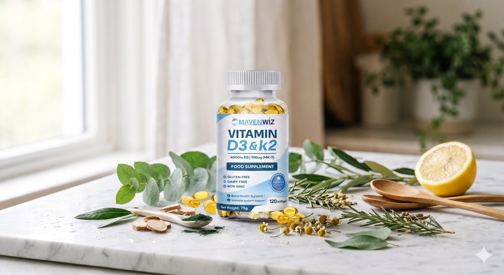 MavenWiz Vitamin D3 & K2 softgel bottle on a marble surface surrounded by fresh herbs
